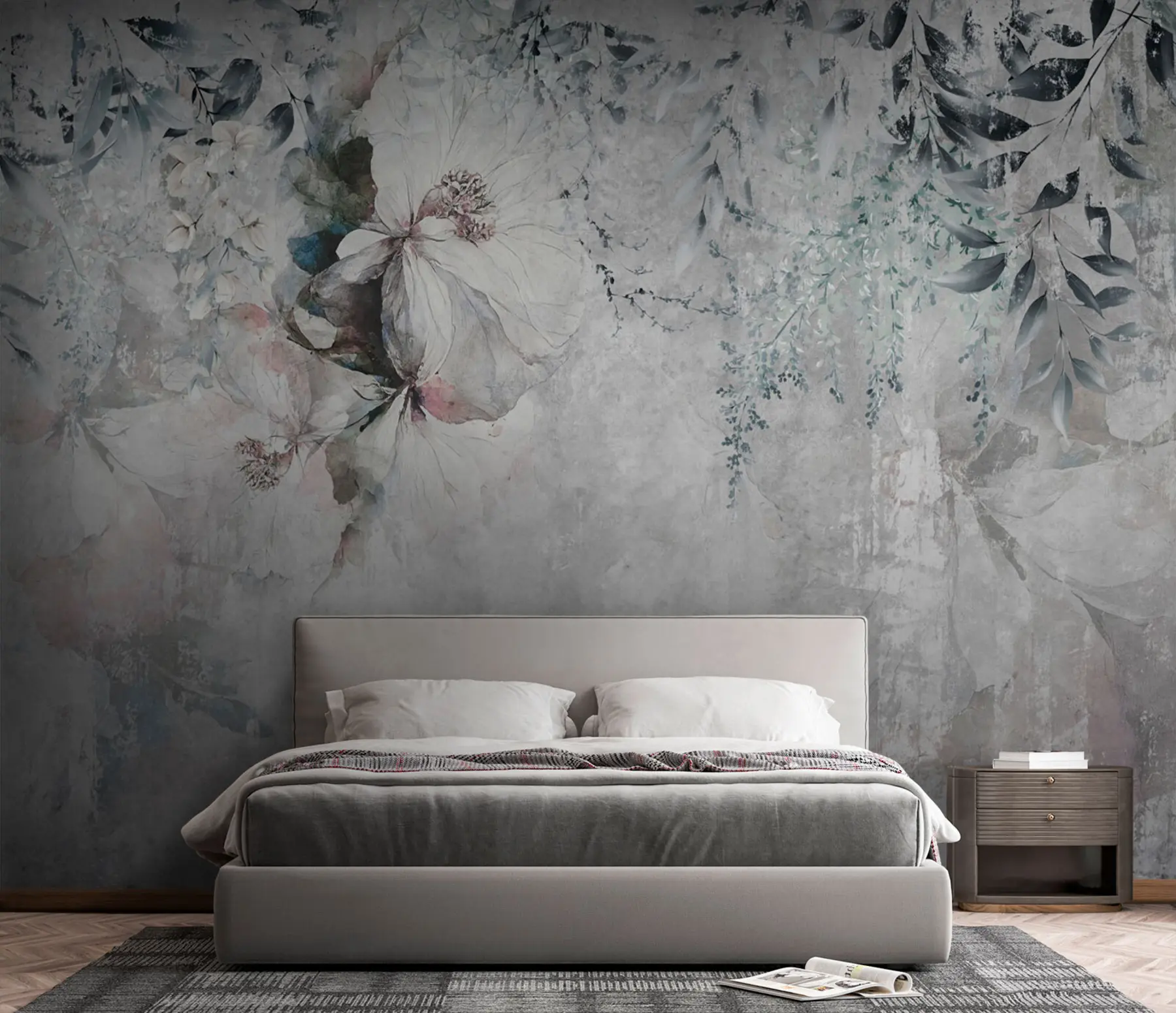 wall murals Стил грунге са гранама и белим пупољцима u74746