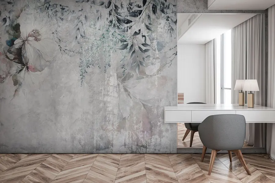 wall murals Стил грунге са гранама и белим пупољцима u74746