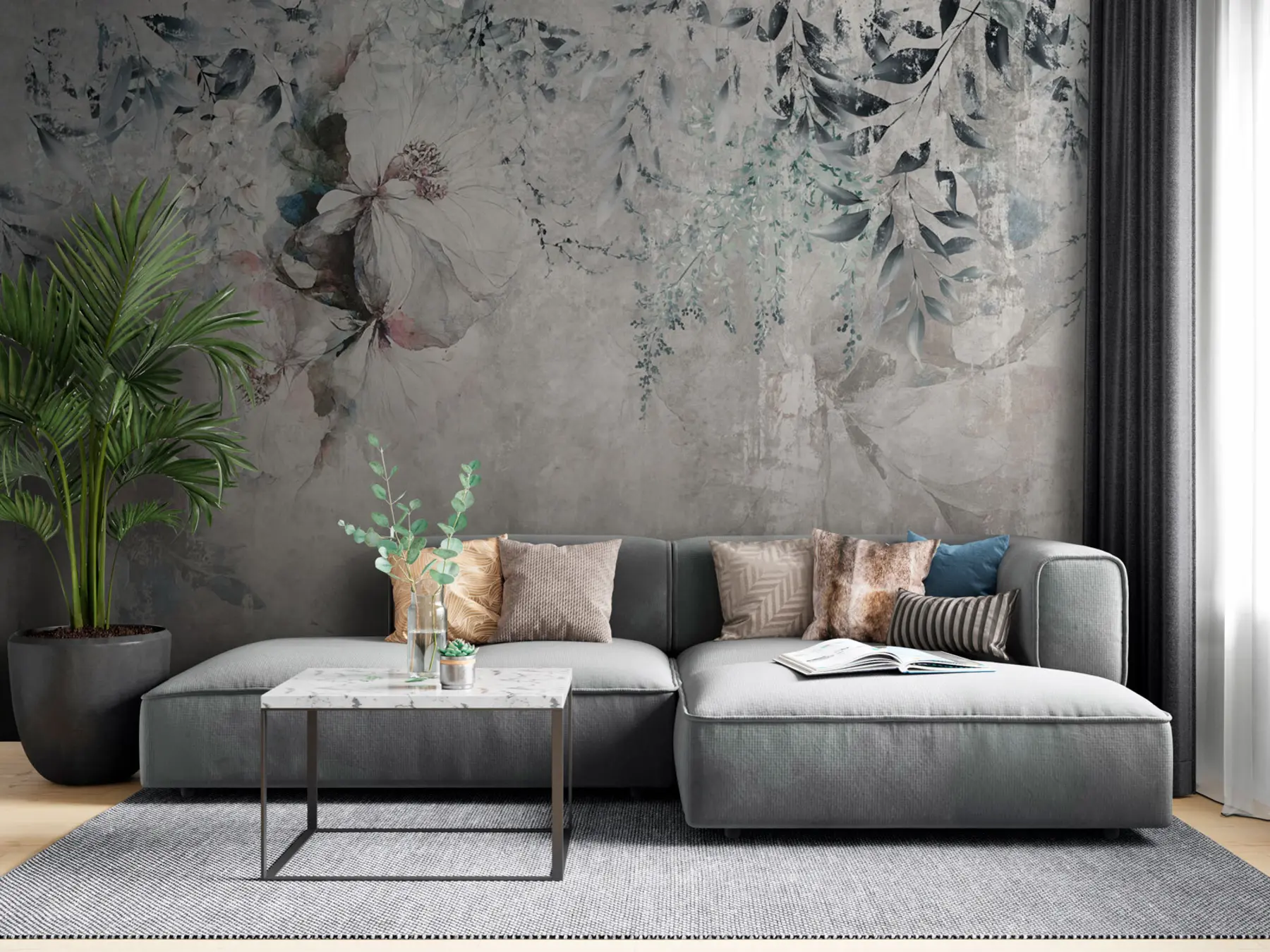 wall murals Стил грунге са гранама и белим пупољцима u74746