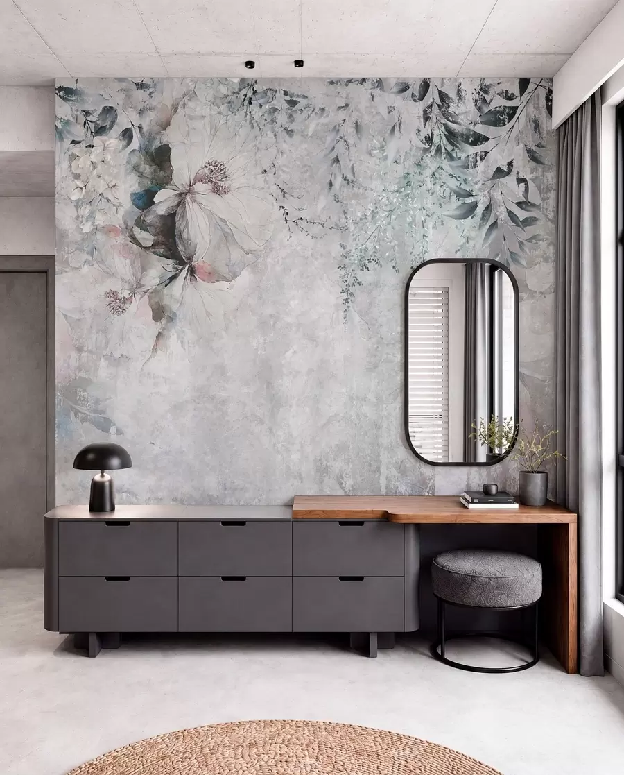 wall murals Стил грунге са гранама и белим пупољцима u74746