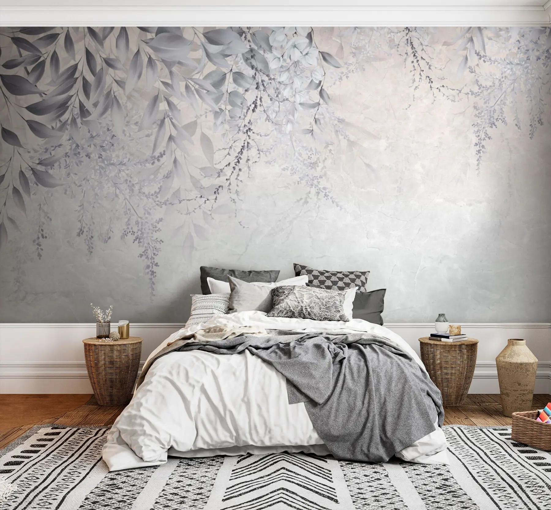wall murals Сиво лишће са цвећем u94228