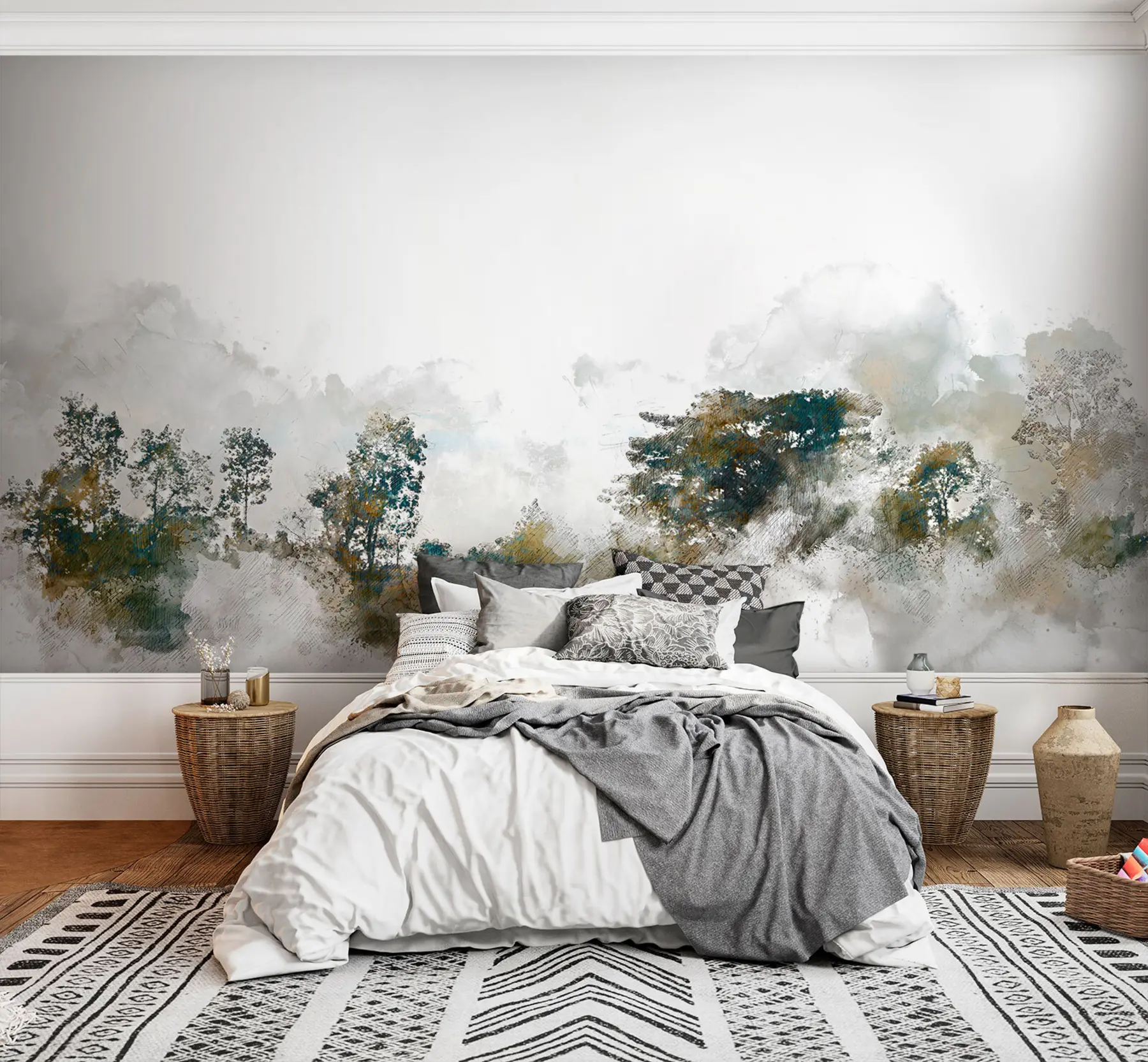 wall murals Акваренски пејзаж са дрвеном плочицом са акварелом u75377