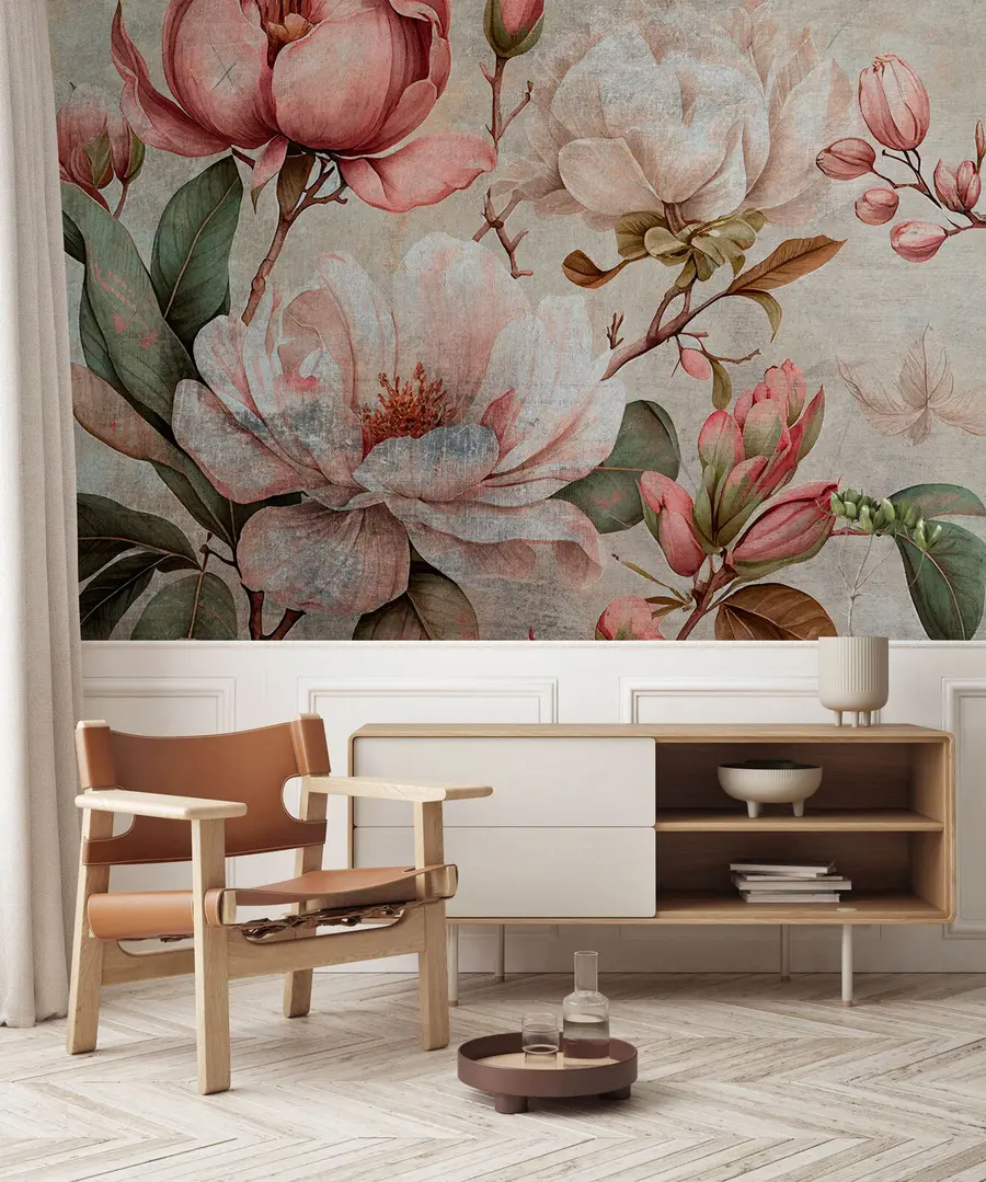 wall murals Водоводних пеонијева цвеће и зелено лишће u75382
