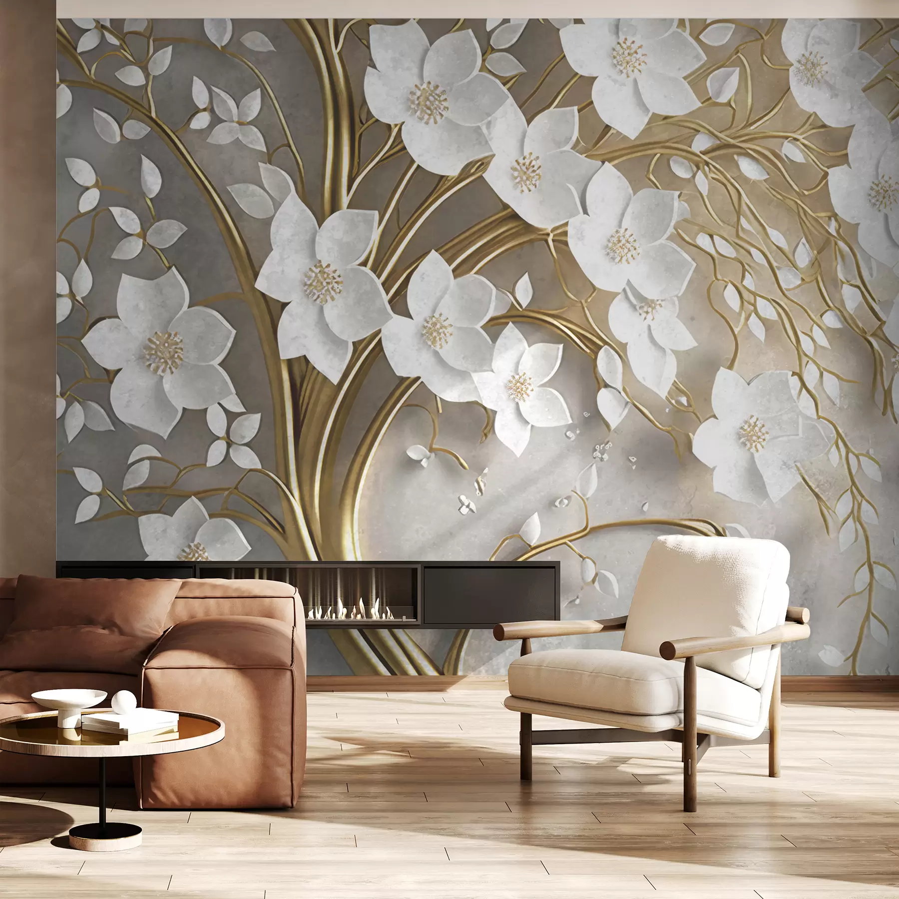 wall murals дрво са белим цвећем u94015