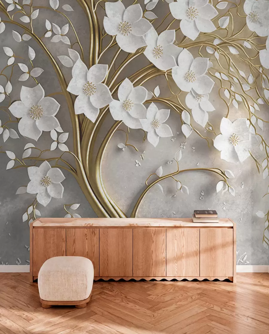 wall murals дрво са белим цвећем u94015