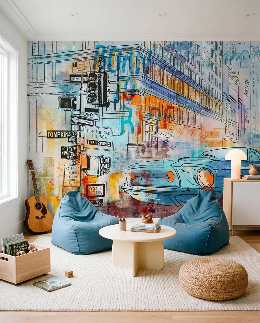 wall murals Plavi auto u grafitima u75814