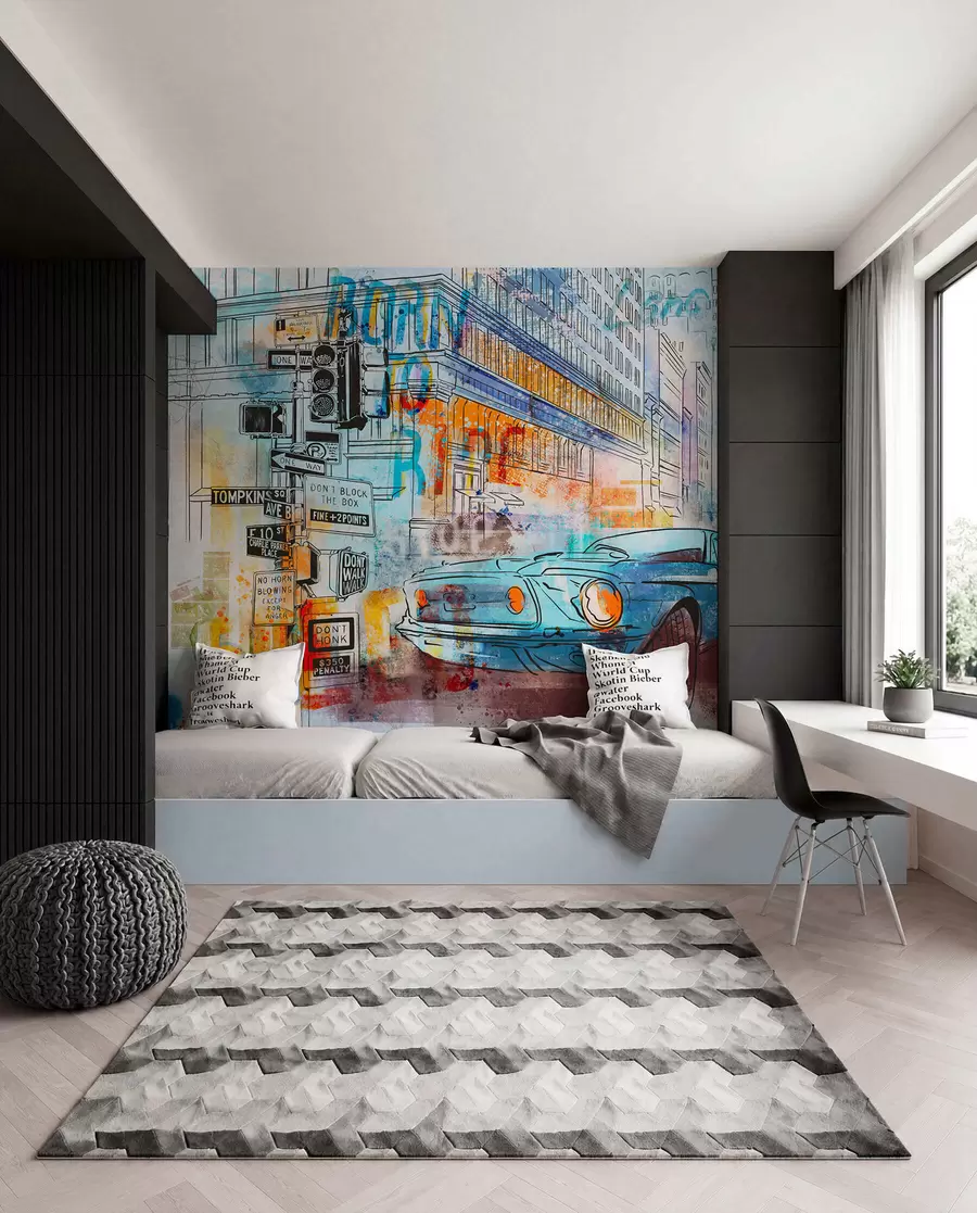 wall murals Plavi auto u grafitima u75814
