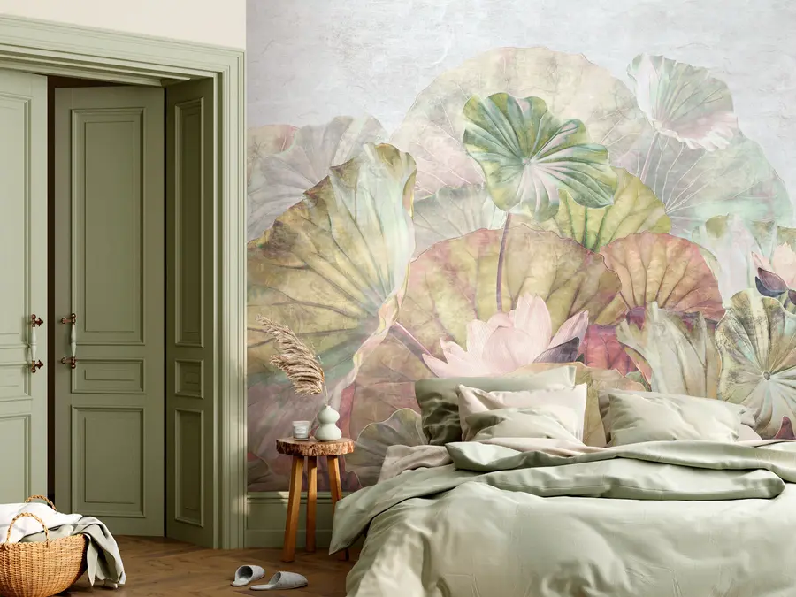 wall murals Греен водени љиљани и ружичасти љиљани са грунге текстуром u94272