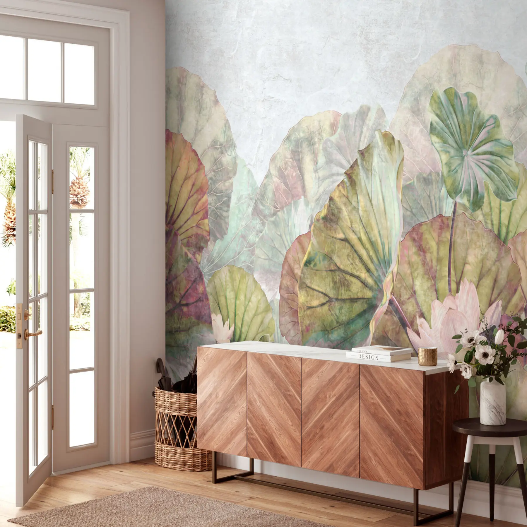 wall murals Греен водени љиљани и ружичасти љиљани са грунге текстуром u94272