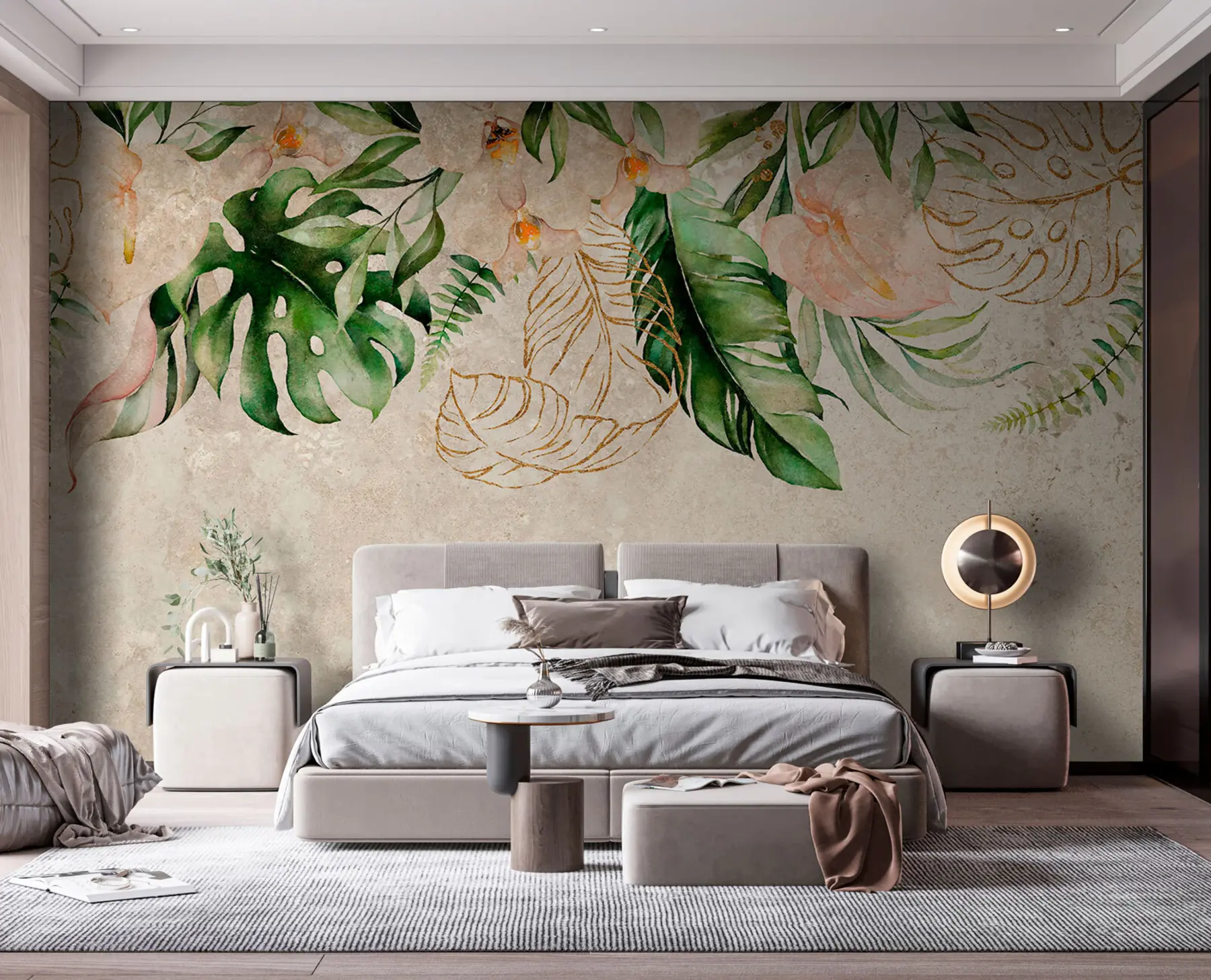 wall murals Зелени тропски листови и безобразни цвеће на белој позадини u94409