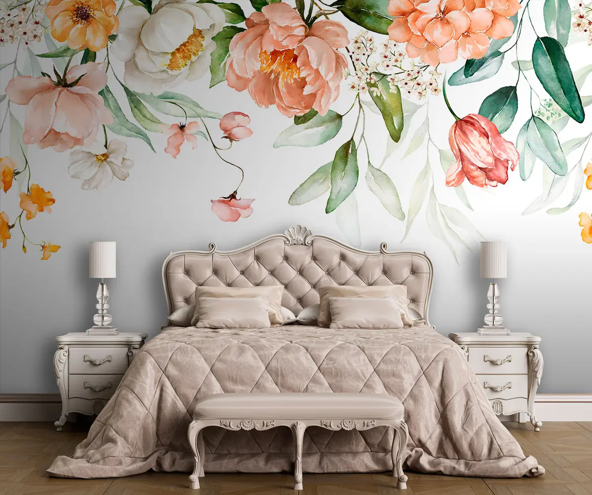 wall murals Боукует Бордер - Зелени листови и ружичасто ружичасто цвеће на белој позадини u94427