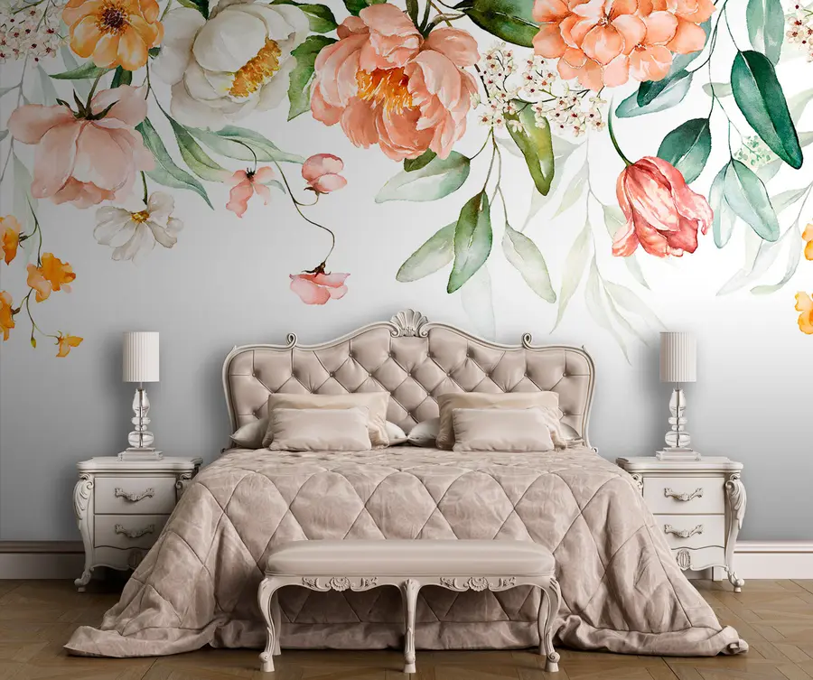 wall murals Боукует Бордер - Зелени листови и ружичасто ружичасто цвеће на белој позадини u94427