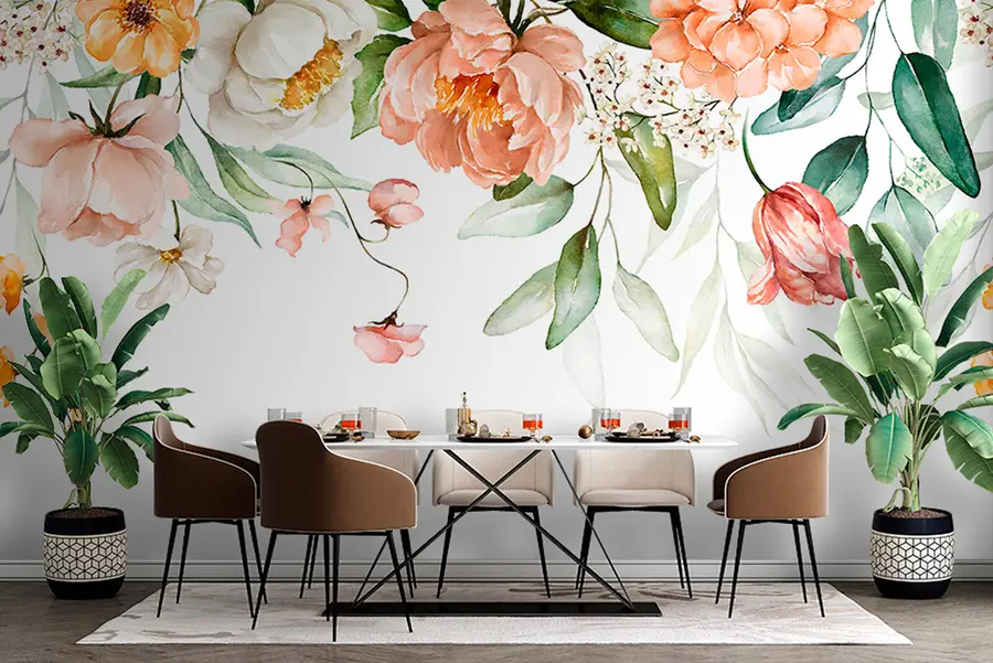 wall murals Боукует Бордер - Зелени листови и ружичасто ружичасто цвеће на белој позадини u94427