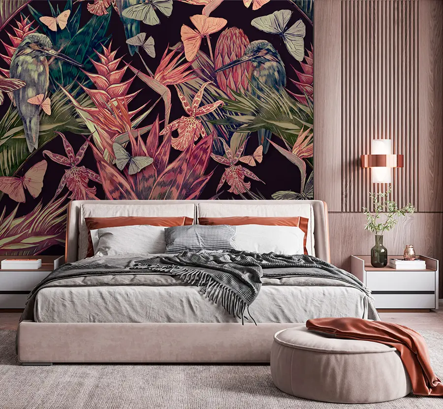 wall murals Палмино лишће, дрвеће, тропско цвеће, лишће џунгле u95076