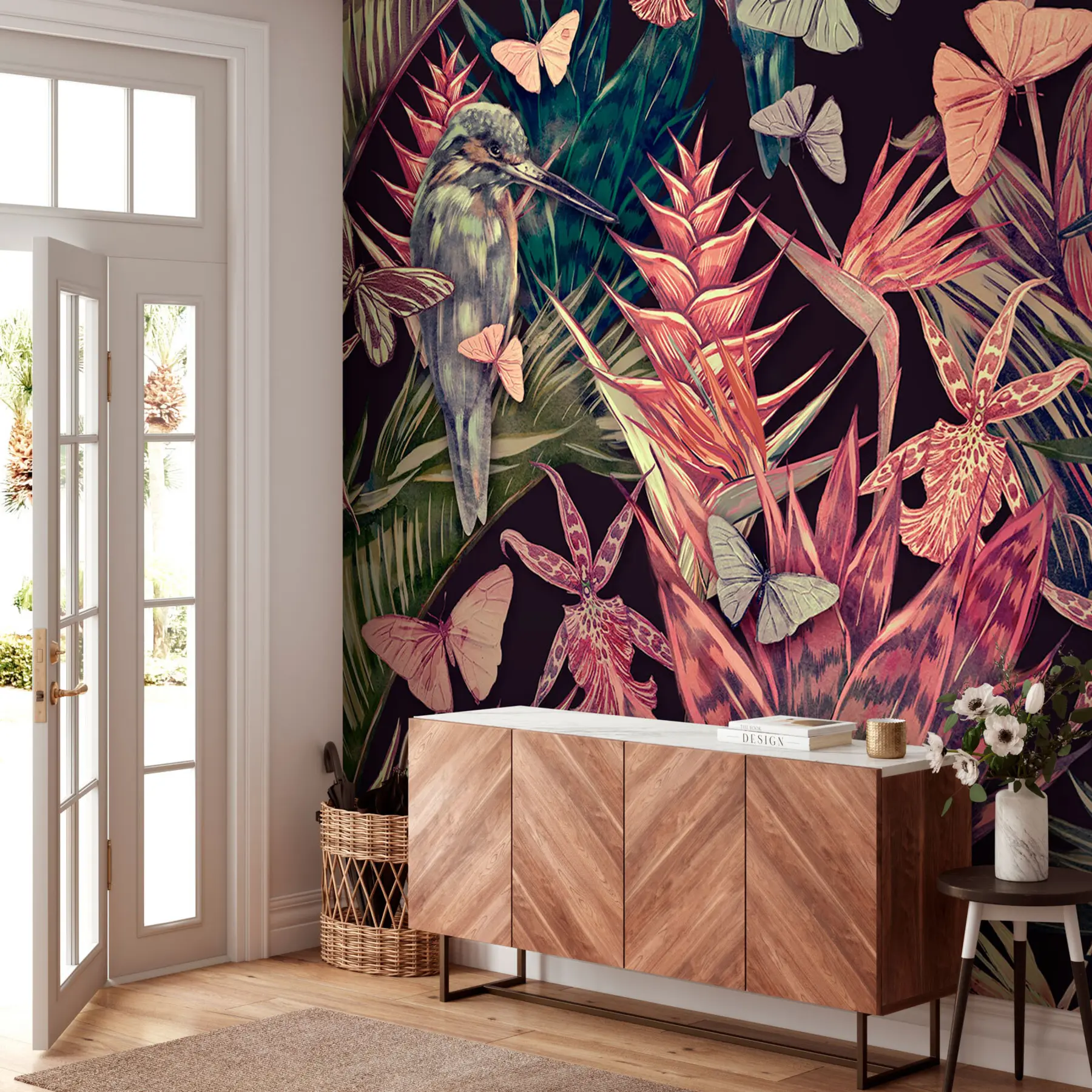 wall murals Палмино лишће, дрвеће, тропско цвеће, лишће џунгле u95076
