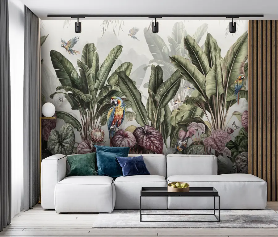 wall murals Тропска длана банане у пејзажу са макавима и лептирима у винтаге стилу u95371