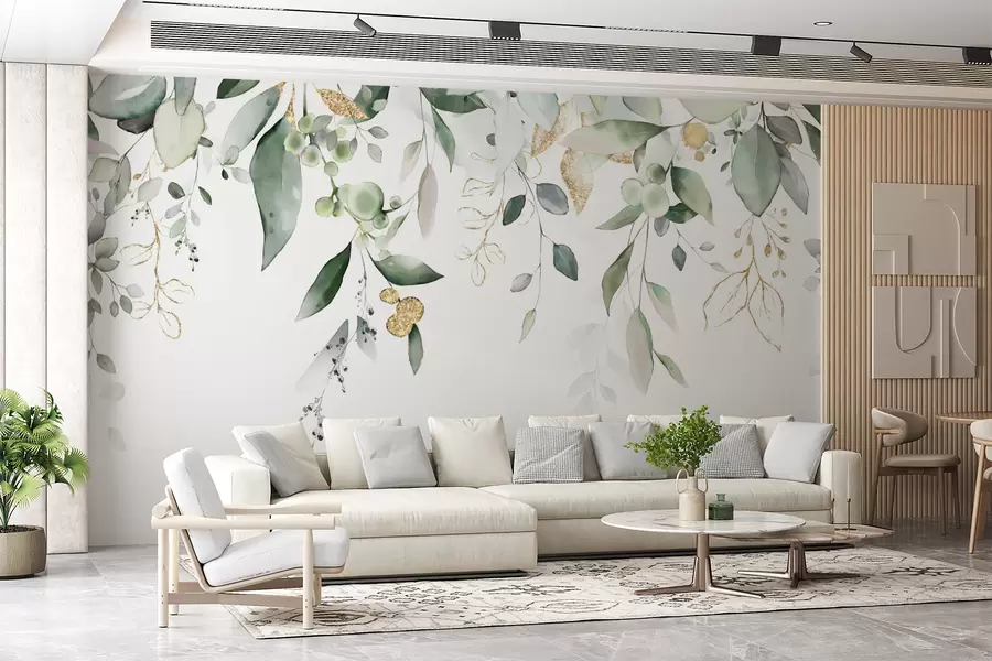 wall murals Висећи еукалиптус лишће на белој позадини u95506