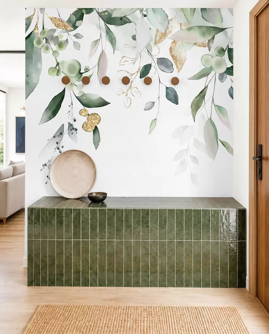 wall murals Висећи еукалиптус лишће на белој позадини u95506