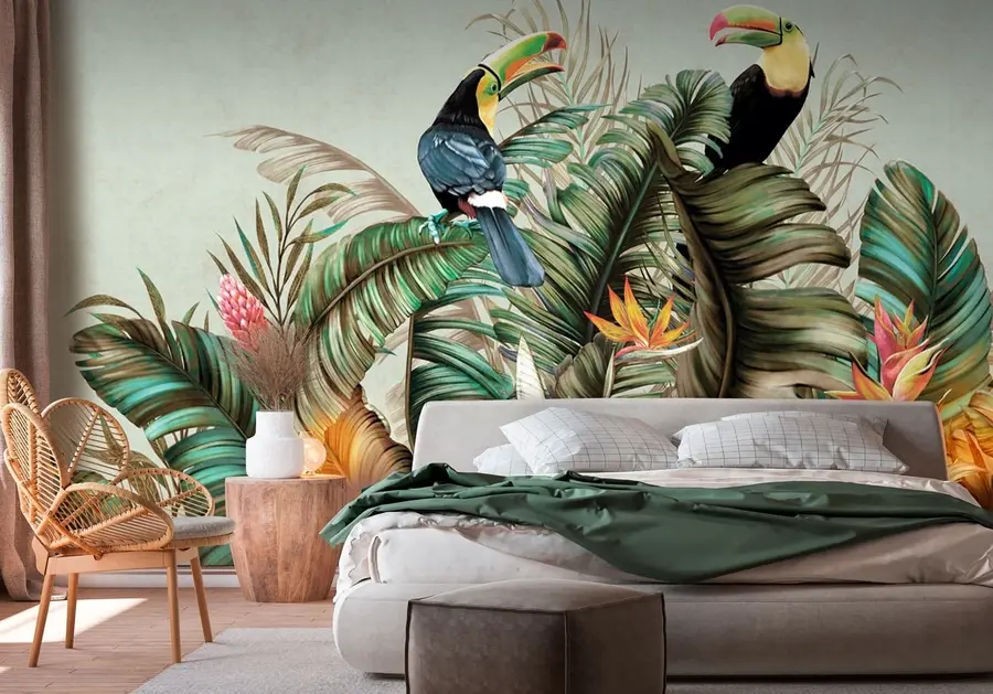 wall murals Егзотичне птице папагај и тукан међу бананама и палминим листовима u95256