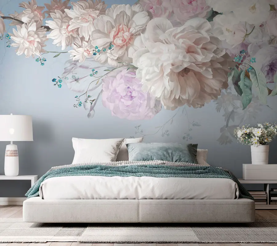 wall murals Велики бујни цветови, бели пеониес на плавој позадини u95437