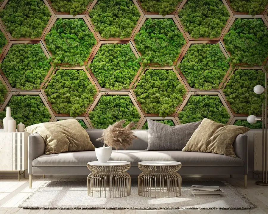 wall murals Мосс модули цвећа у шестерокутним дрвеним оквирима u95502