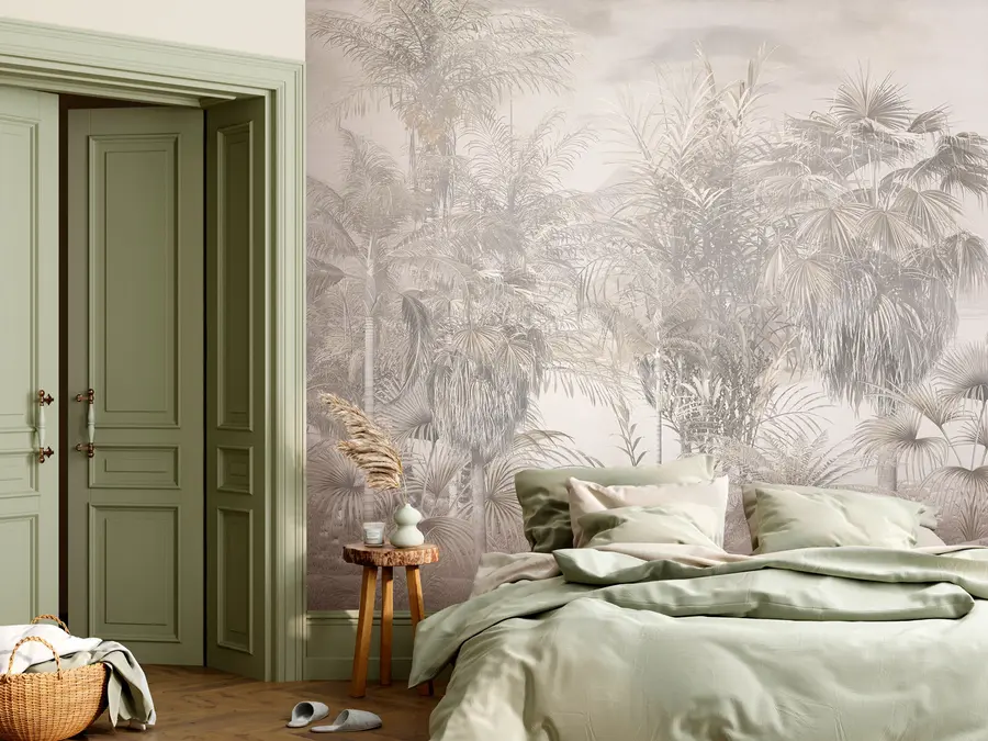 wall murals Тропска стабла и лишће у црно-белој боји u95903