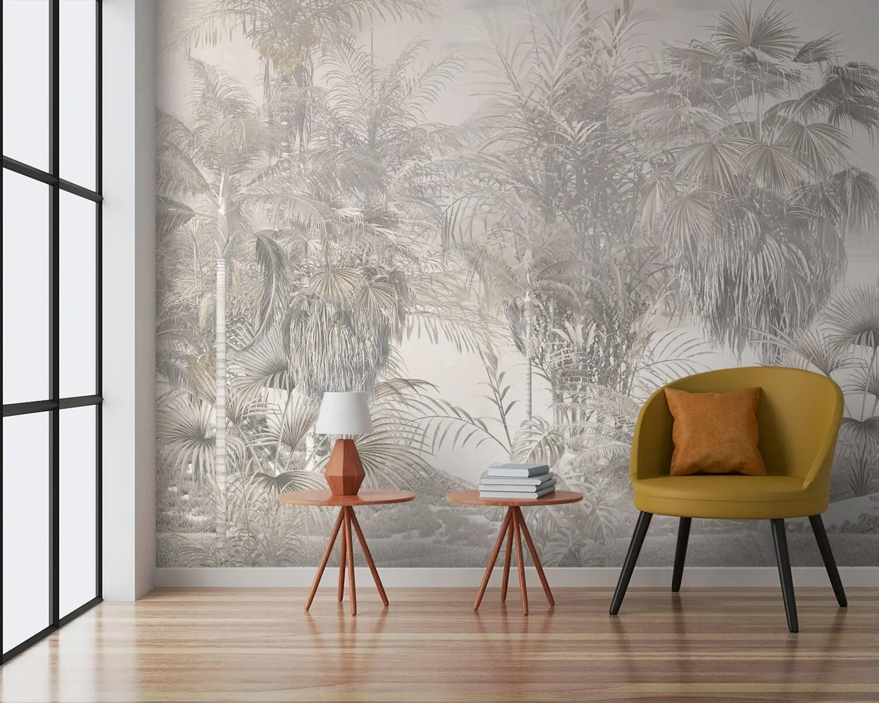 wall murals Тропска стабла и лишће у црно-белој боји u95903