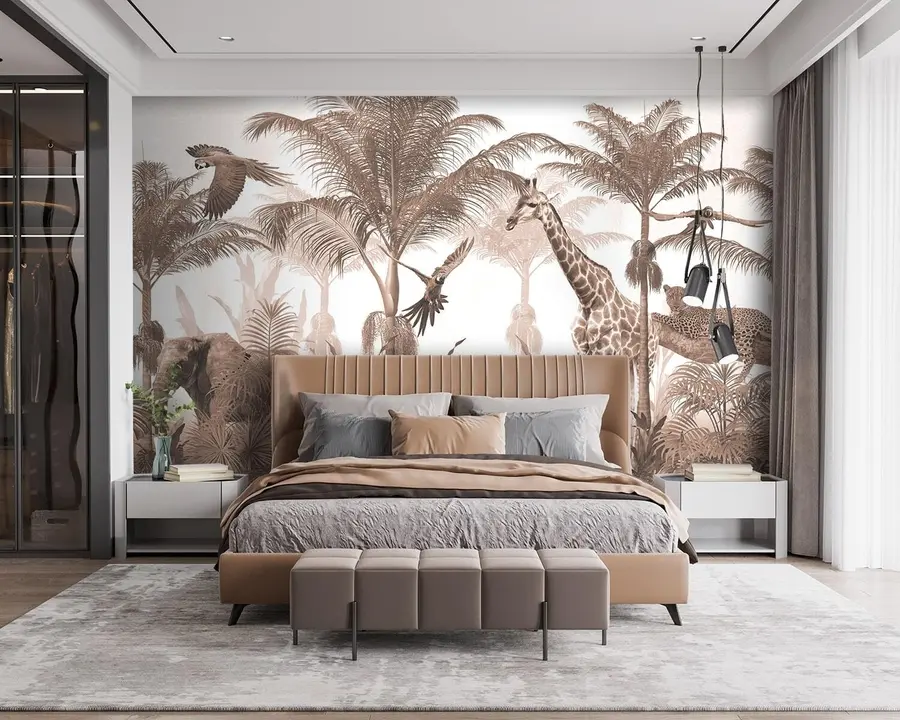 wall murals Дизајн позадина Тропског стабла са животињама u95906