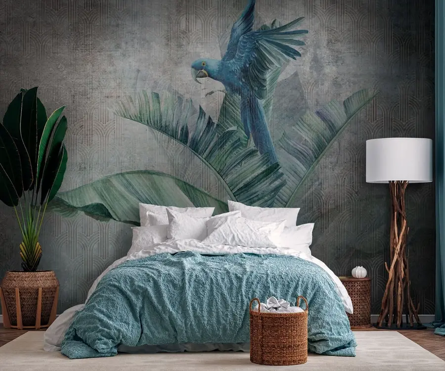 wall murals Биг Блуе Паррот на стаблу банане са бетонском текстуром са грунгеом u95432