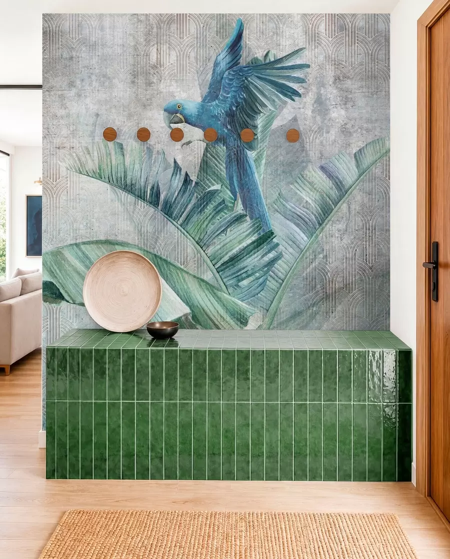 wall murals Биг Блуе Паррот на стаблу банане са бетонском текстуром са грунгеом u95432