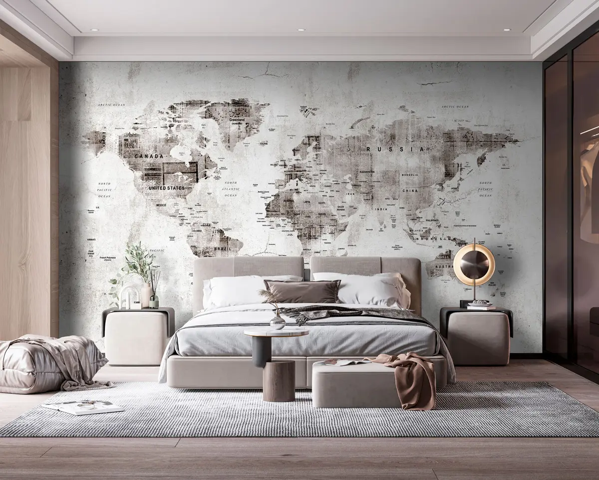 wall murals Детаљна мапа света на бетонској грунге текстури u95433