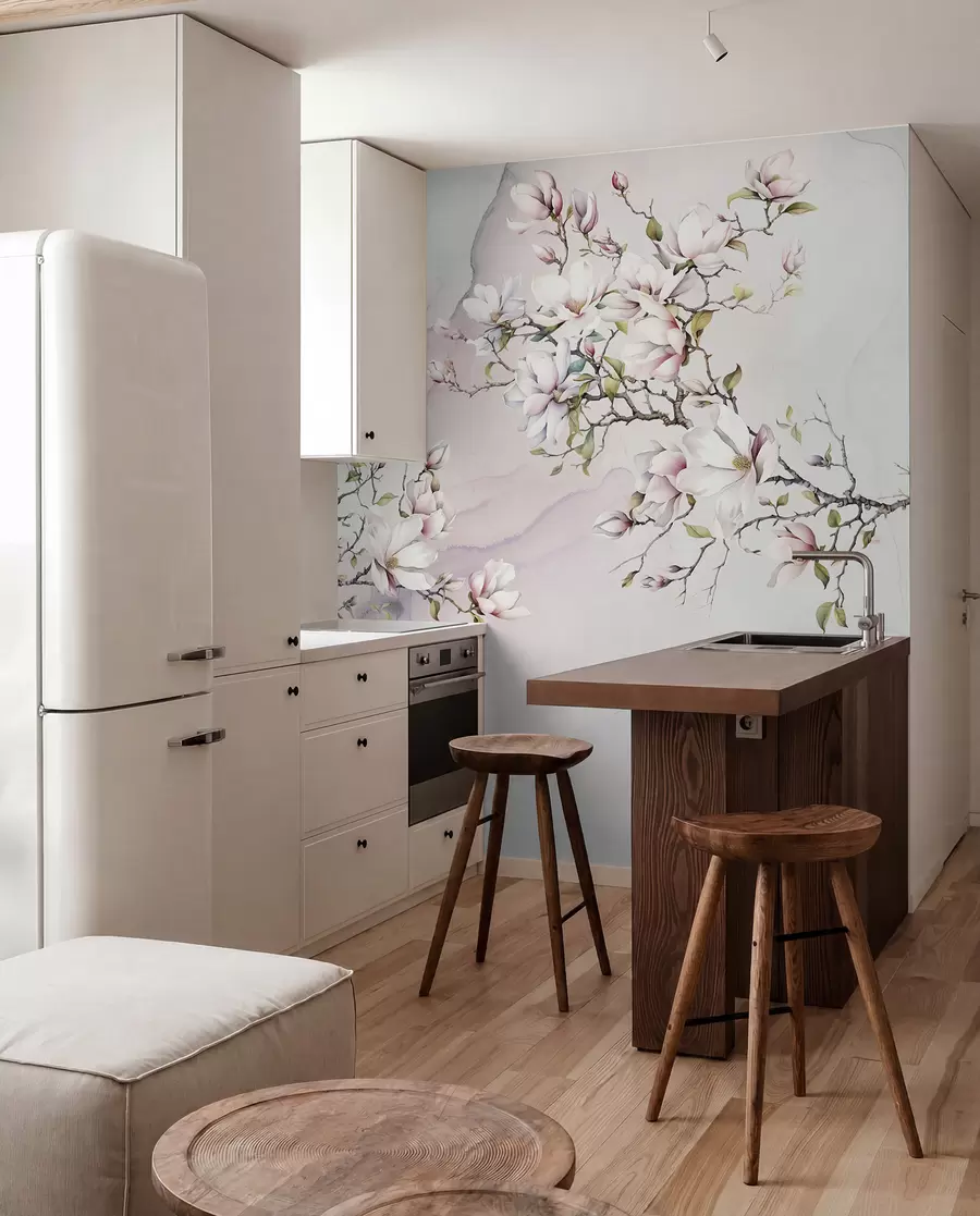 wall murals Цвјетају дрвеће магнолије на мермерној позадини u96114
