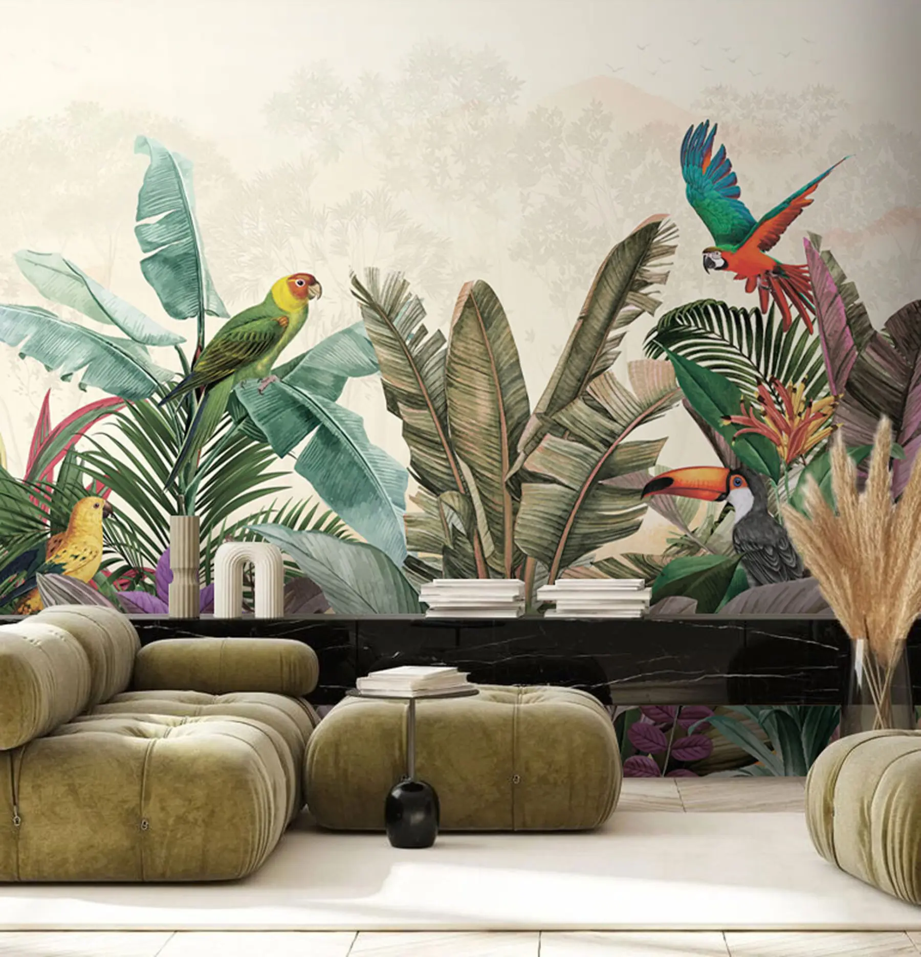 wall murals Винтаге тропске птице папагаја у тропским листовима u96144