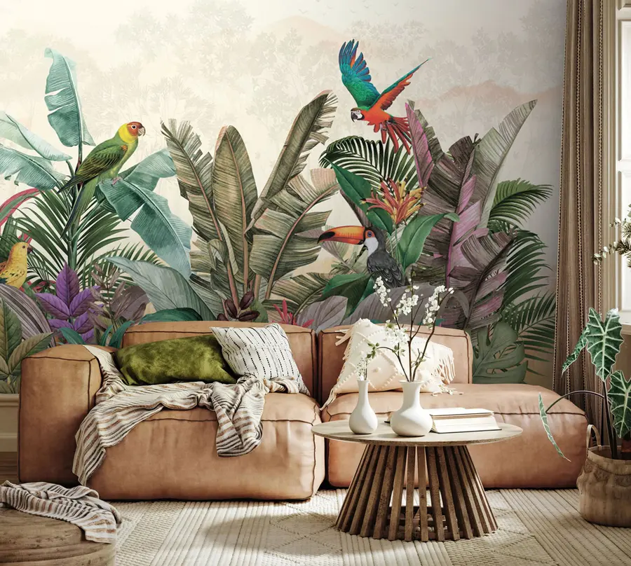 wall murals Винтаге тропске птице папагаја у тропским листовима u96144