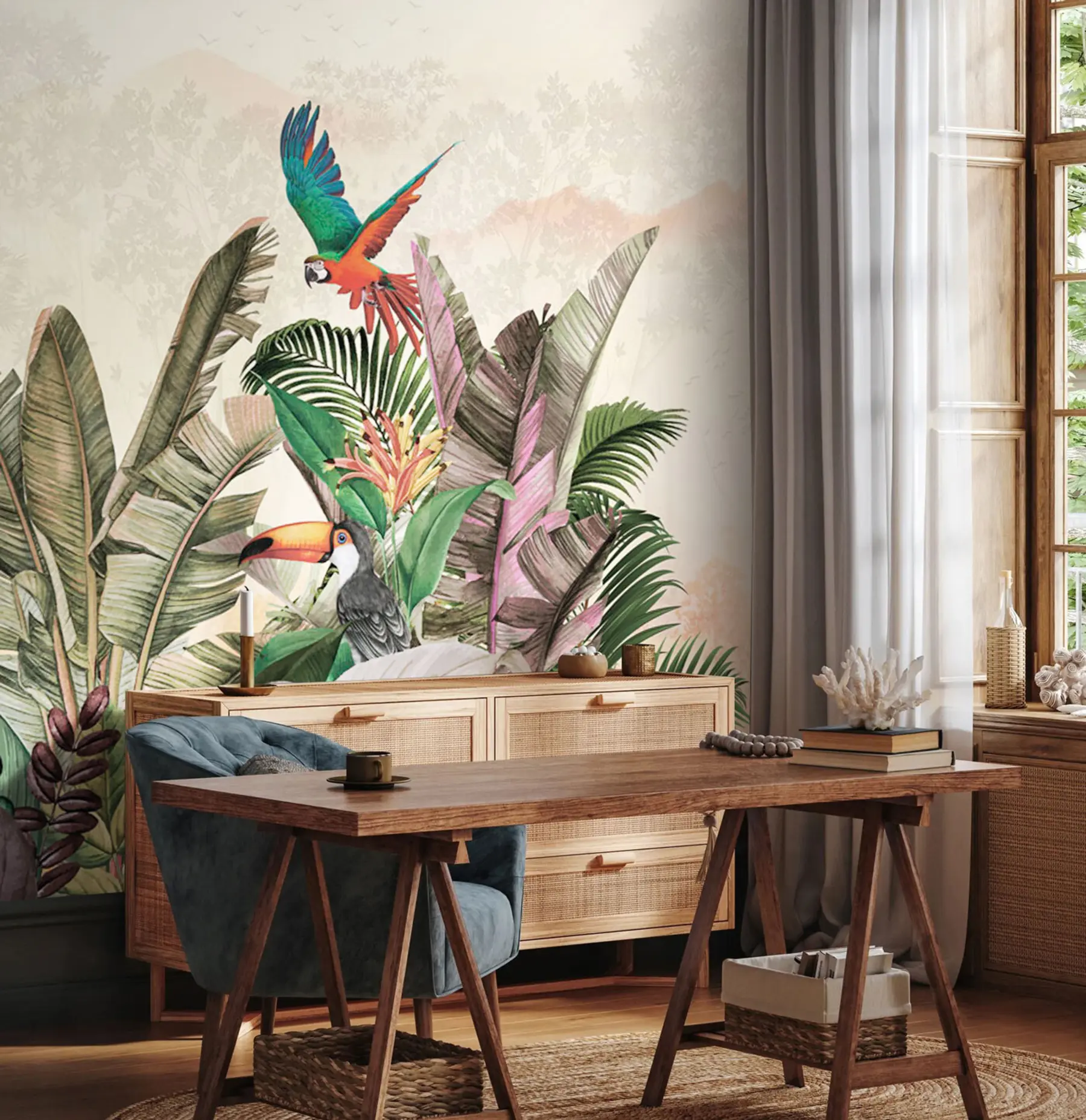 wall murals Винтаге тропске птице папагаја у тропским листовима u96144