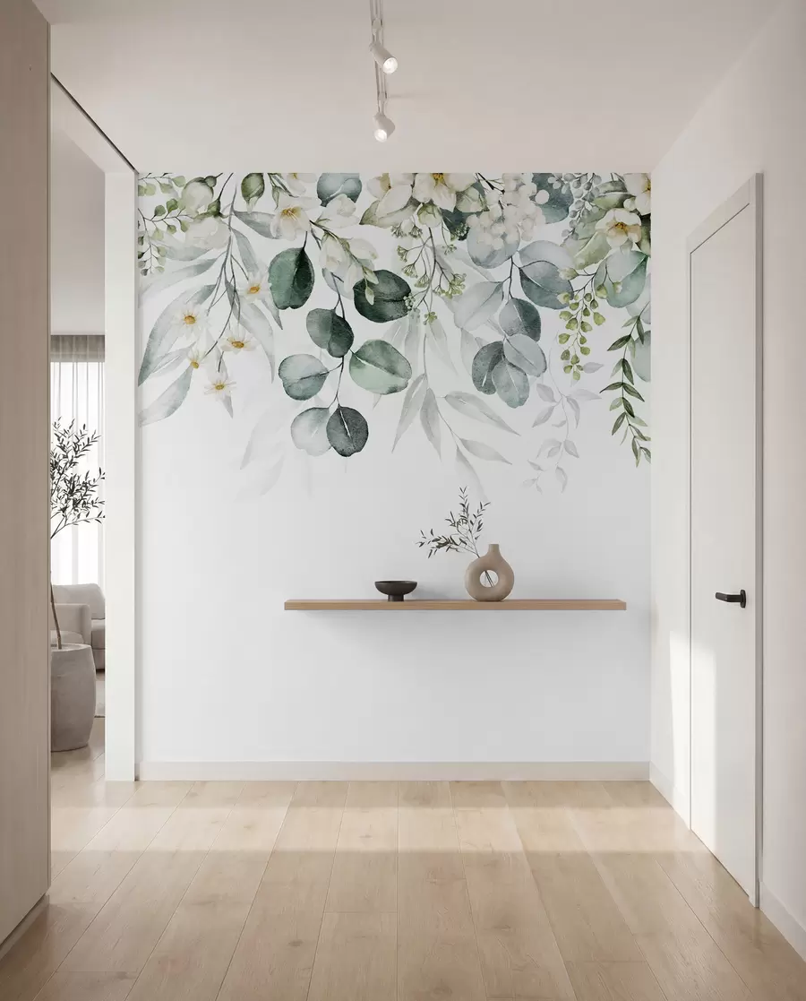 wall murals Илустрација са зеленим листовима, белим цвећем, божуром и гранама u96063