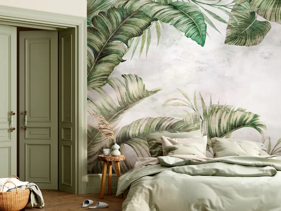 wall murals Велики тропски листови на мермерном зиду u95261