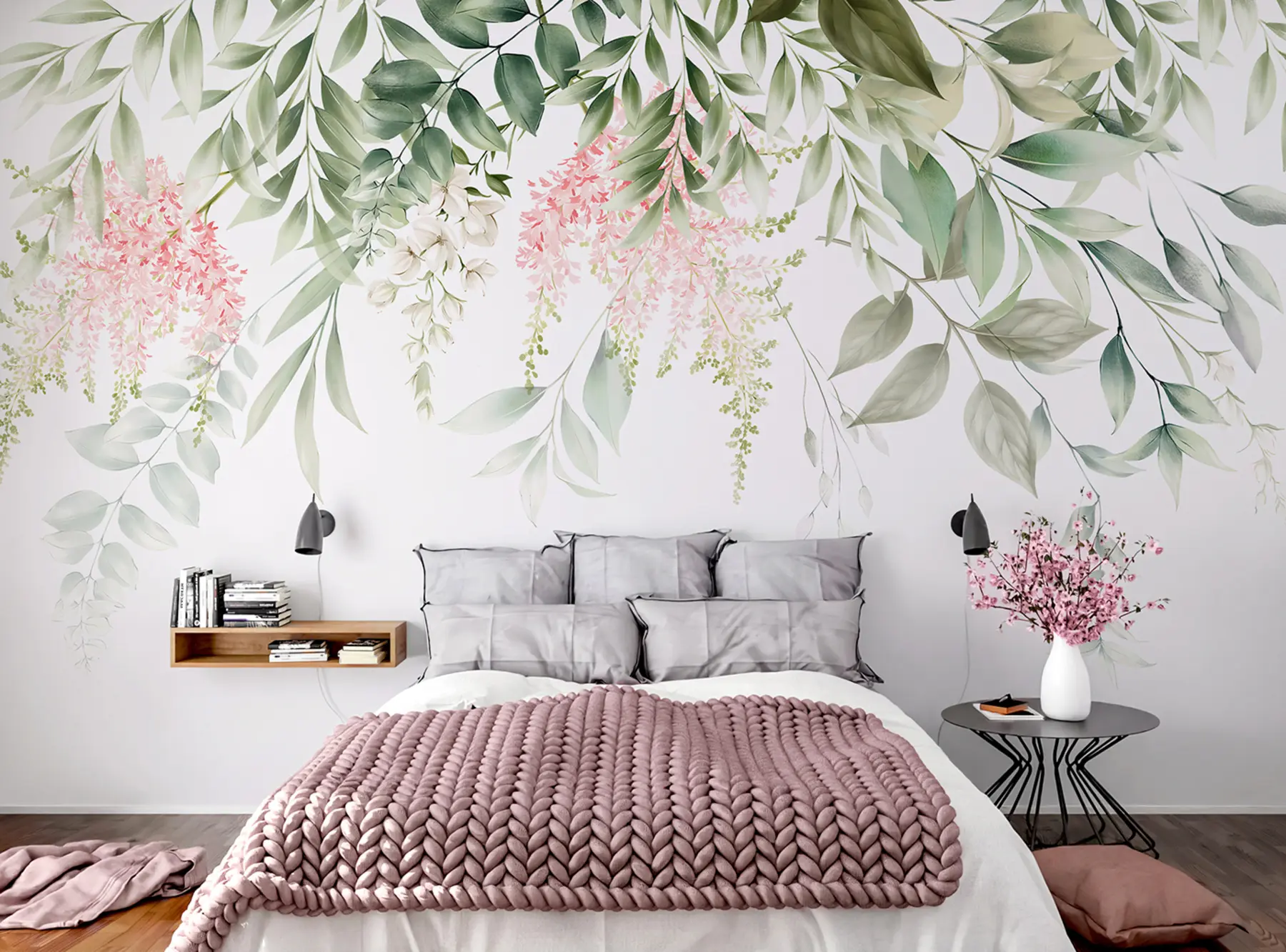 wall murals Лишће са ружичастим цвећем u95923