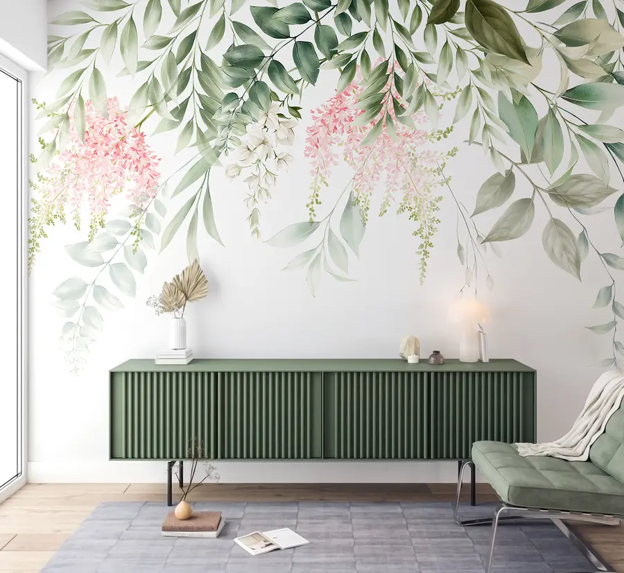 wall murals Лишће са ружичастим цвећем u95923