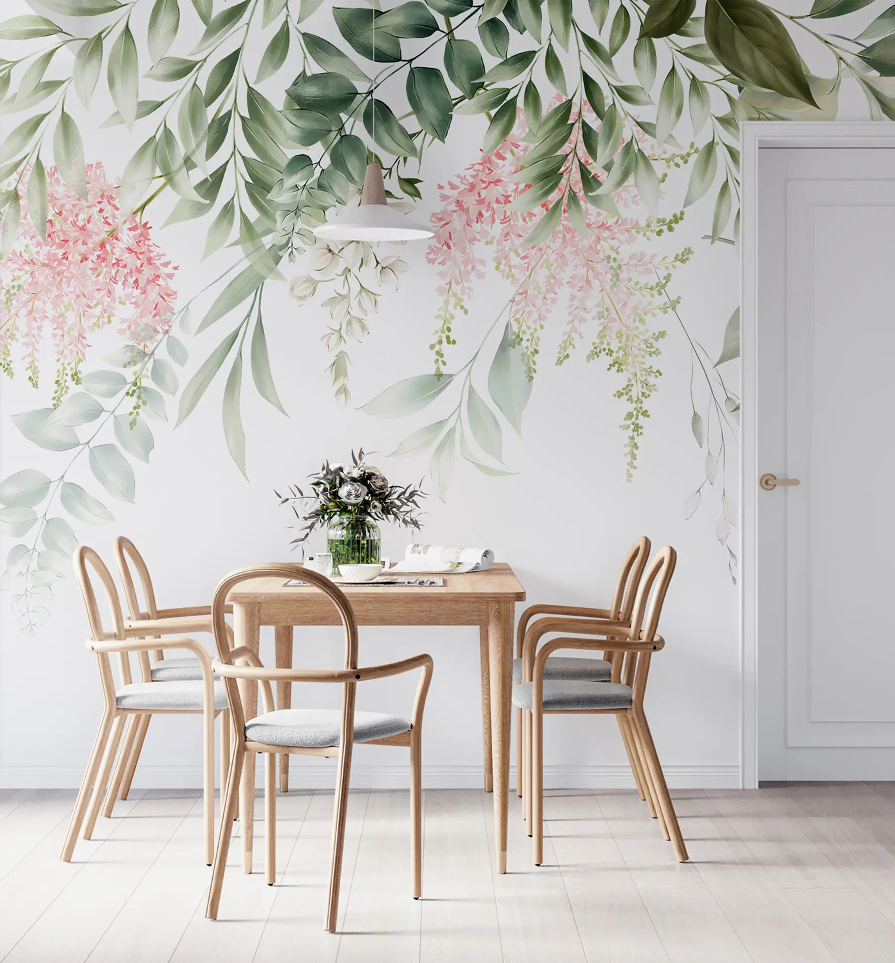 wall murals Лишће са ружичастим цвећем u95923