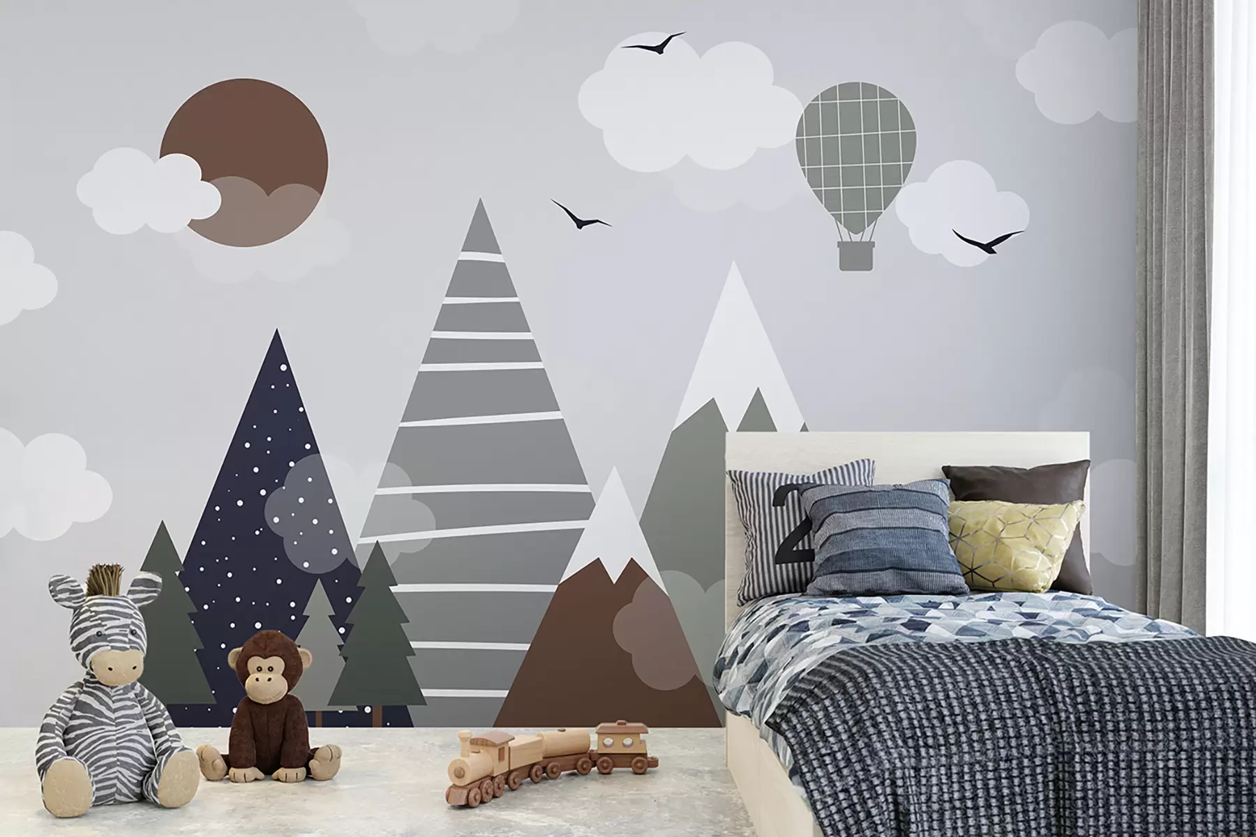 wall murals Планине, облаци, шума, балон за вруће ваздуха, сунце и птице u96297
