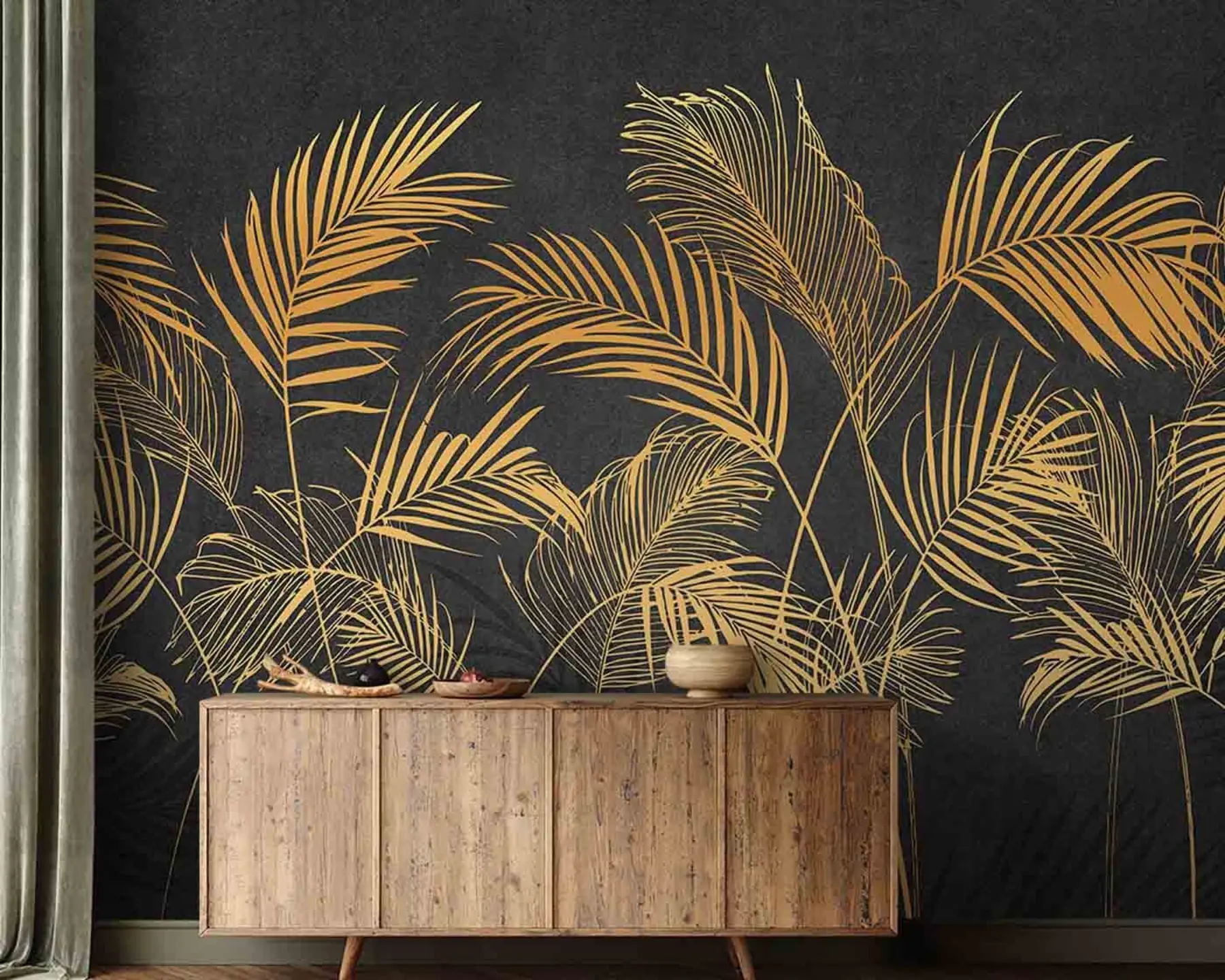 wall murals Палмино лишће са бетонским зидом u96317