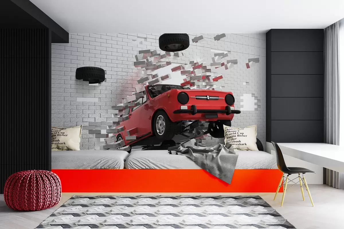 wall murals Црвени ретро ауто се пробија кроз светло зид од опеке u96599