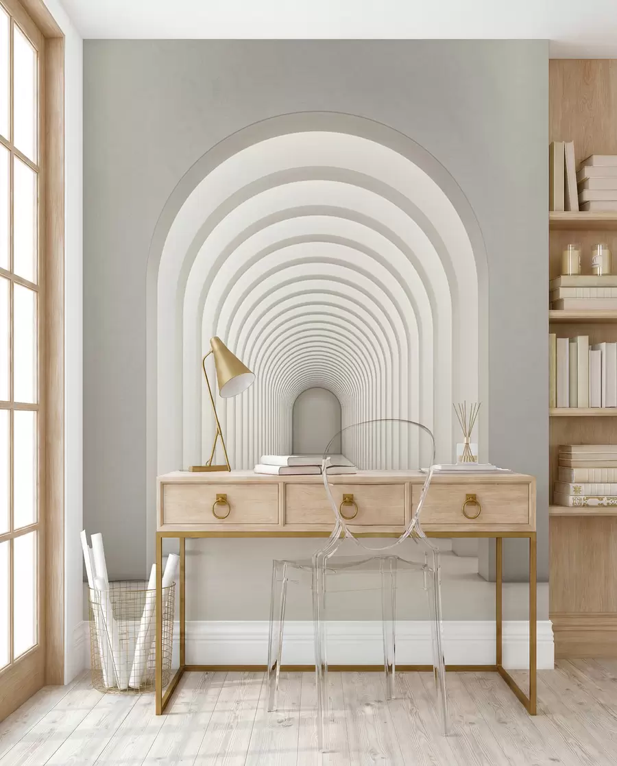 wall murals Бели бетонски лук је постројен у дугу линију са светлошћу u96604