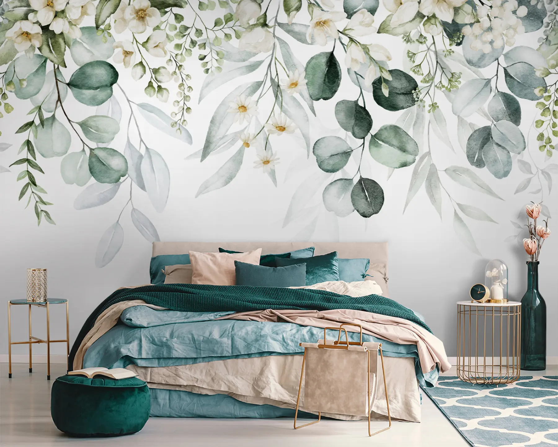 wall murals Водене плоче зелене лишће са цвећем u96336