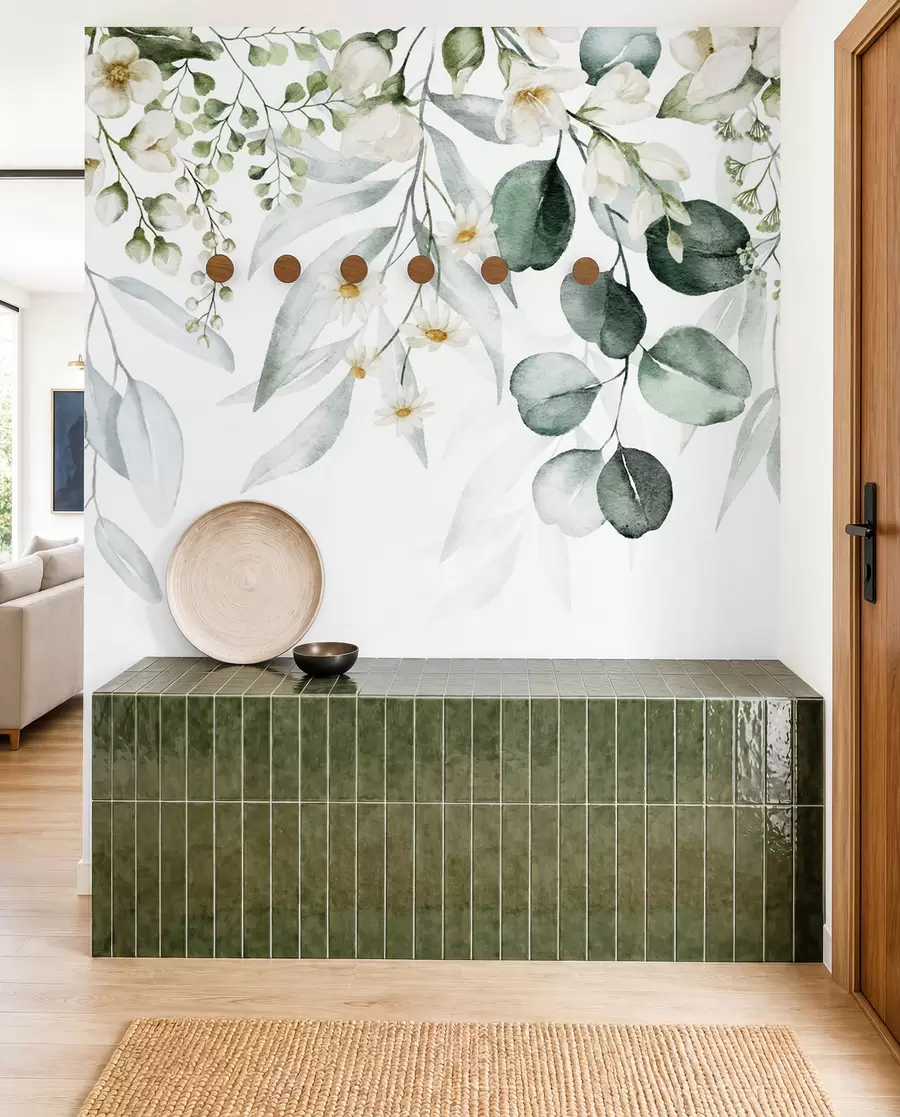 wall murals Водене плоче зелене лишће са цвећем u96336