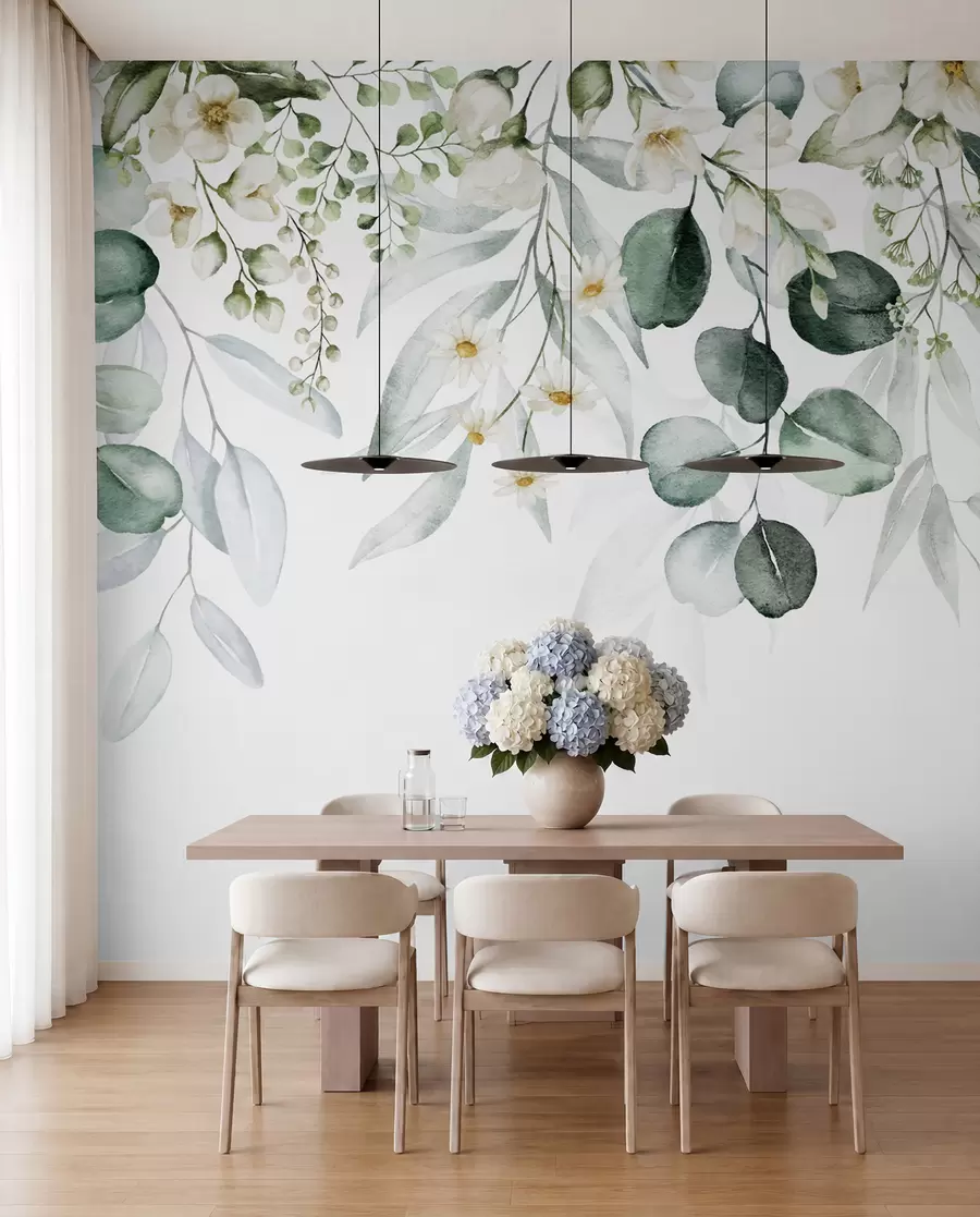 wall murals Водене плоче зелене лишће са цвећем u96336