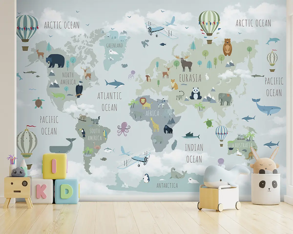 wall murals Светска карта са животињама и балонима u96447