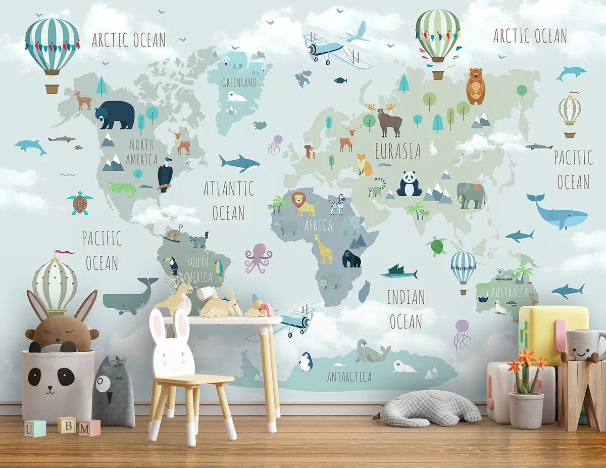 wall murals Светска карта са животињама и балонима u96447