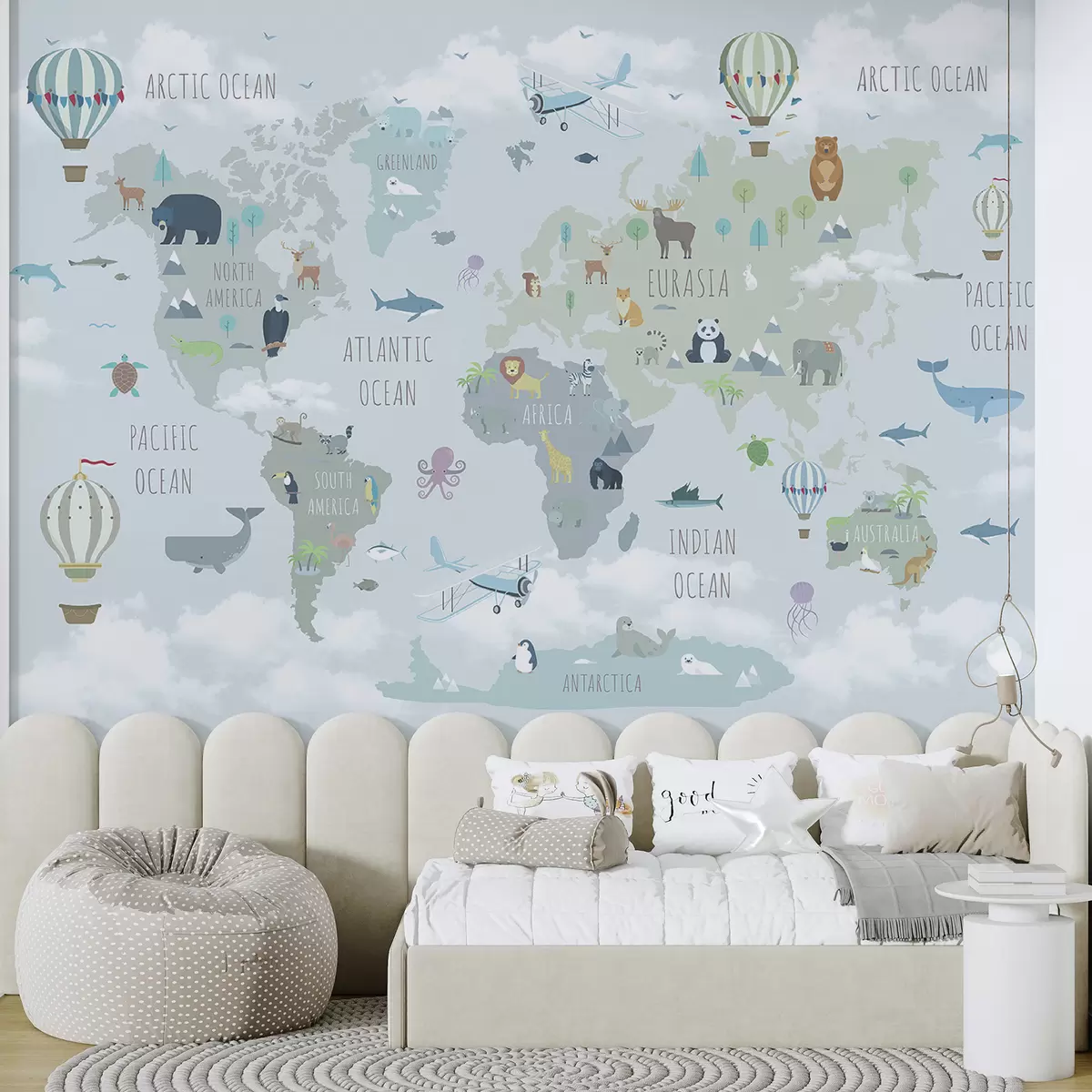 wall murals Светска карта са животињама и балонима u96447